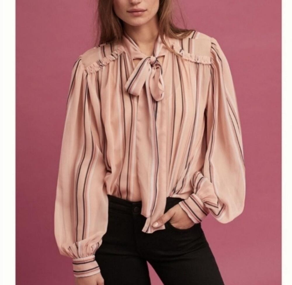 Anthropologie  Hemant & Nandita Blouse Womens Petite MP Stripe Sheer Bow Neck